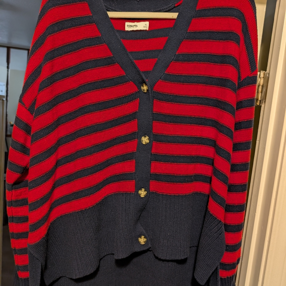 Williams Sonoma Red and Navy Striped Cardigan